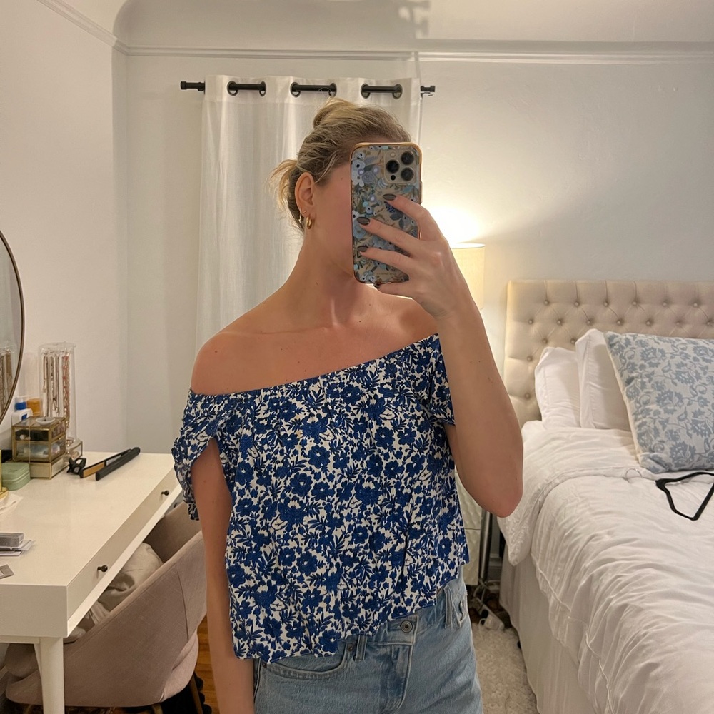 Floral Off-Shoulder Blue Top